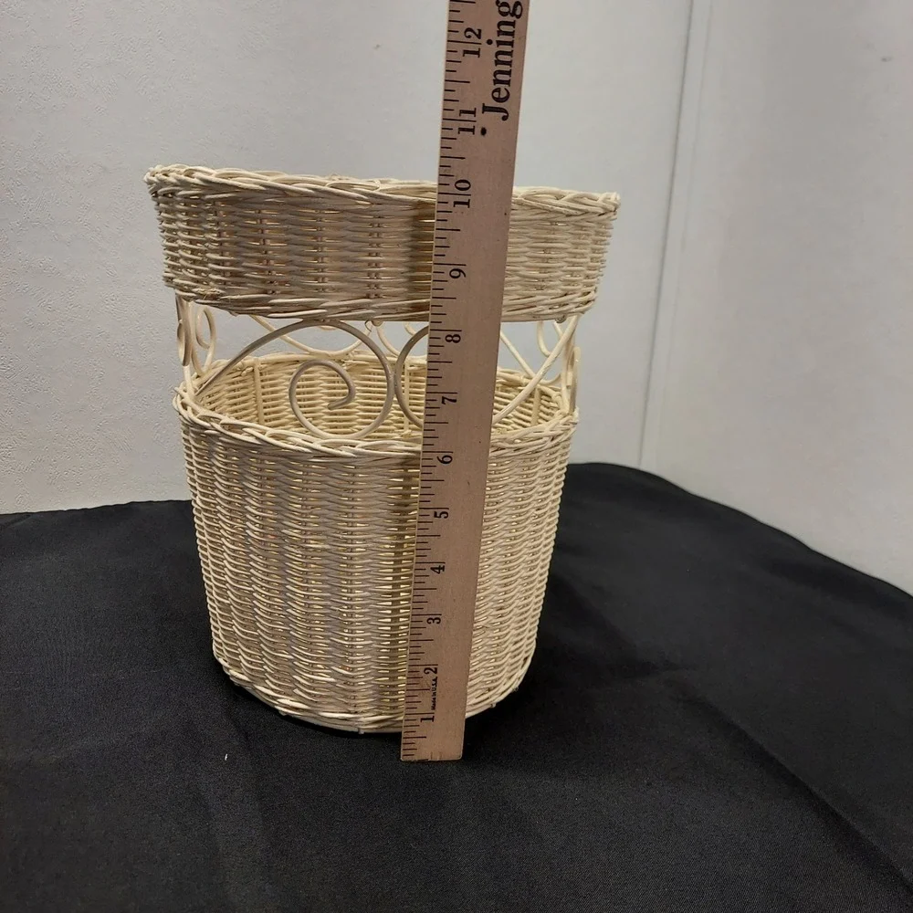 Vintage Wicker Wastebasket Cream White Scrollwork Metal Accents Storage Basket